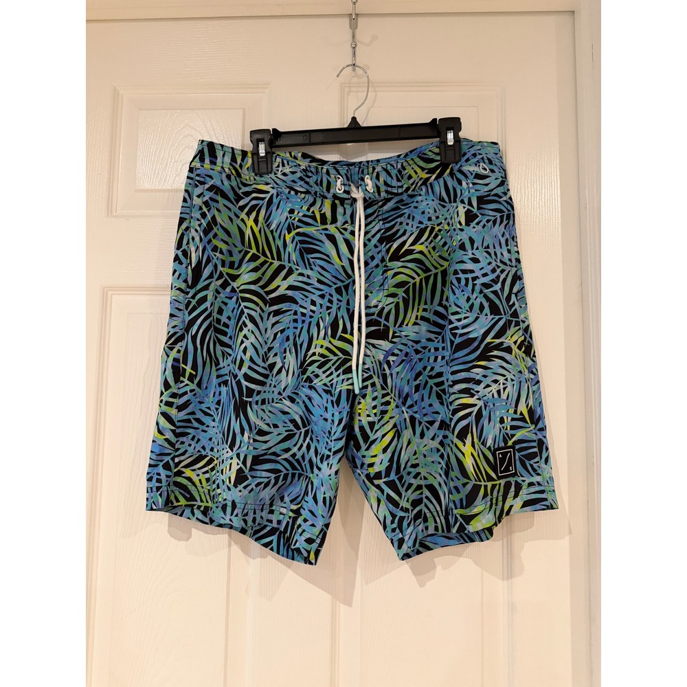 American Eagle Mens Tropical Palm Leaf Board Shorts Blue Green Swim Trunks Large
